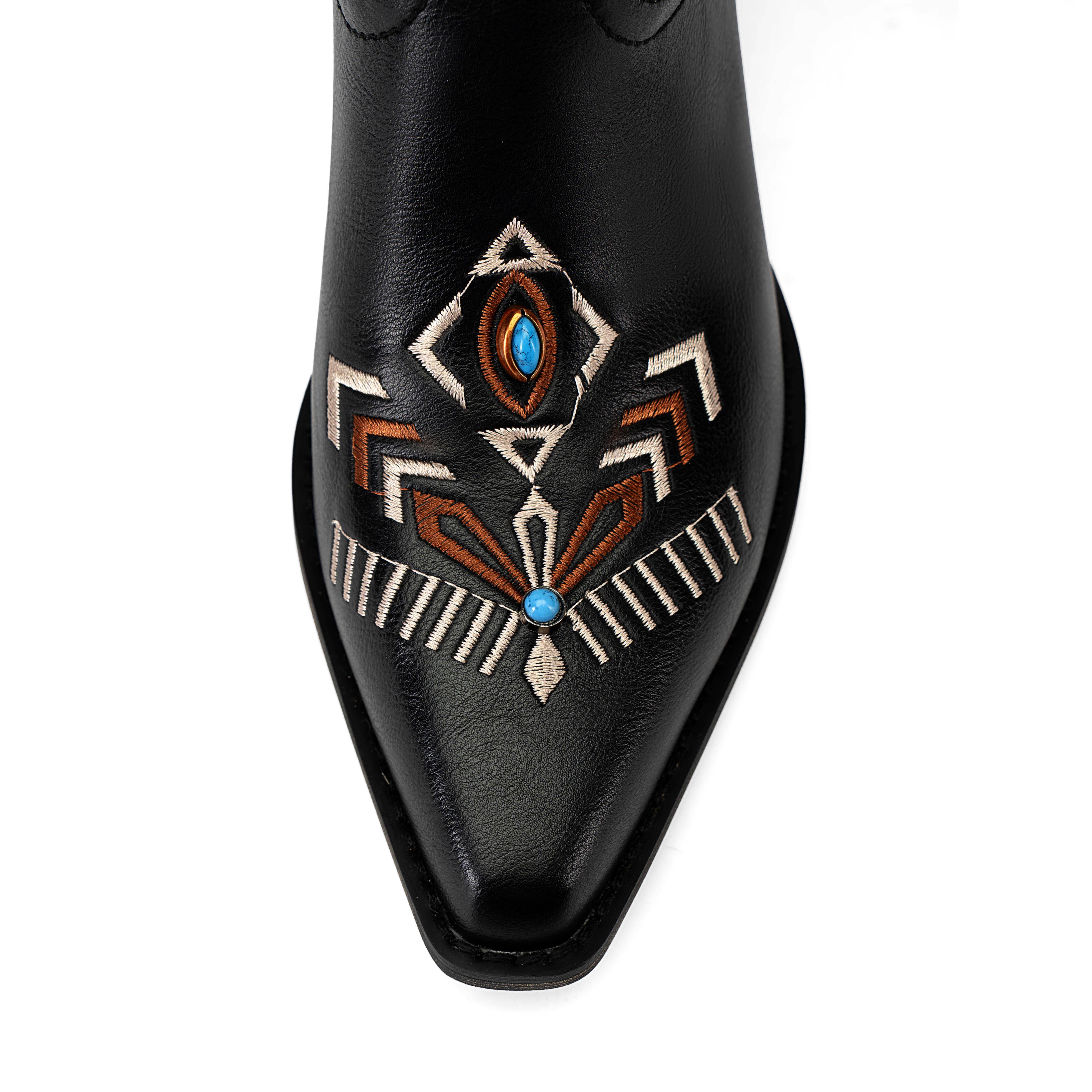 ReneChristine Women's Embroidery Western Cowboy Boots with Studs & Emerald Gemstones, Knee High Wide Calf Cowgirl Boots for Gatherings Weekend Hangouts Black Leather fur boots knee high boots boots for fall thigh high boots brown boots cowgirl boots Sprin