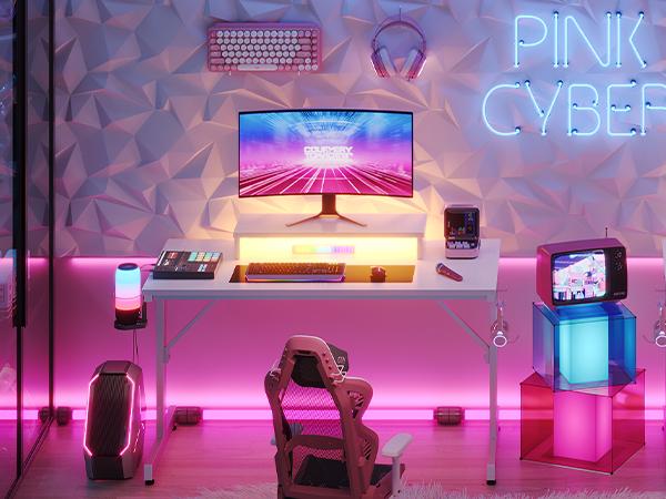 Bestier Gaming Desk with LED Lights & Monitor Stand, 42 inch Small Computer Desk Gamer Workstation with Cup Holder & Headset Hooks, Modern Simple Style Desk for Home Office