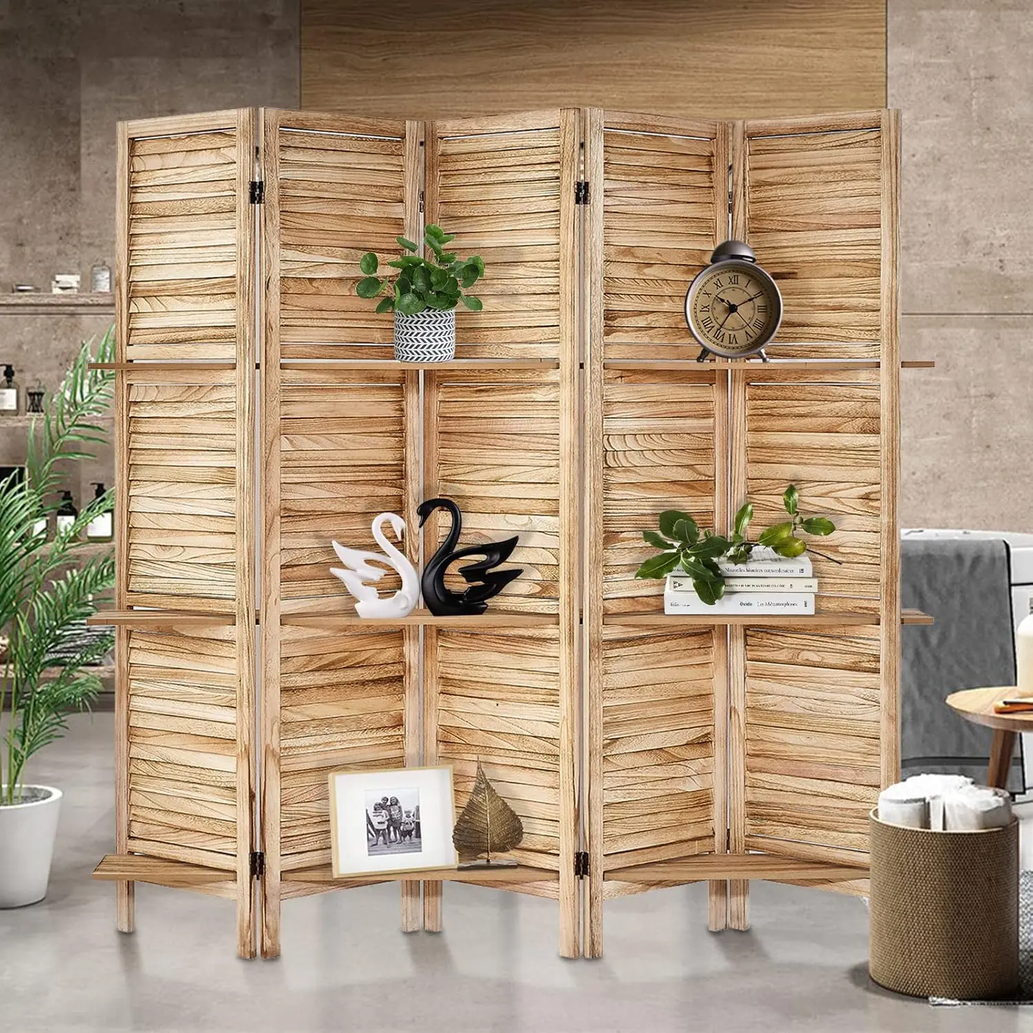 TEAKMAMA Room Divider with Shelves, Privacy Screen, Room Dividers and Folding Privacy Screens,Wood Temporary Wall Partition Separation Separator