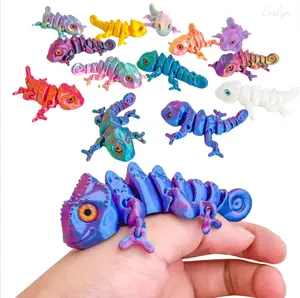 Articulated 3D Printed Chameleon Fidget Toy, Glow In Dark Rainbow Flexible Joint Lizard Stress Relief Desk Ornament