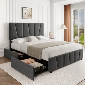 Full Size Bed Frame with Adjustable Headboard and 4 Storage Drawers, Grey Velvet Upholstered Tufted Full Platform Bed Frames with Wooden Slats Support, Full Bedframe No Box Spring Needed