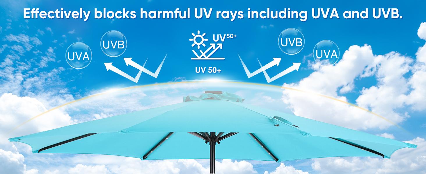 10 ft Patio Pool Umbrella with 32 LED Solar Lights UV-Resistant Outdoor Table Umbrella with Tilt and Crank for Backyard Deck Garden and Beach Cover