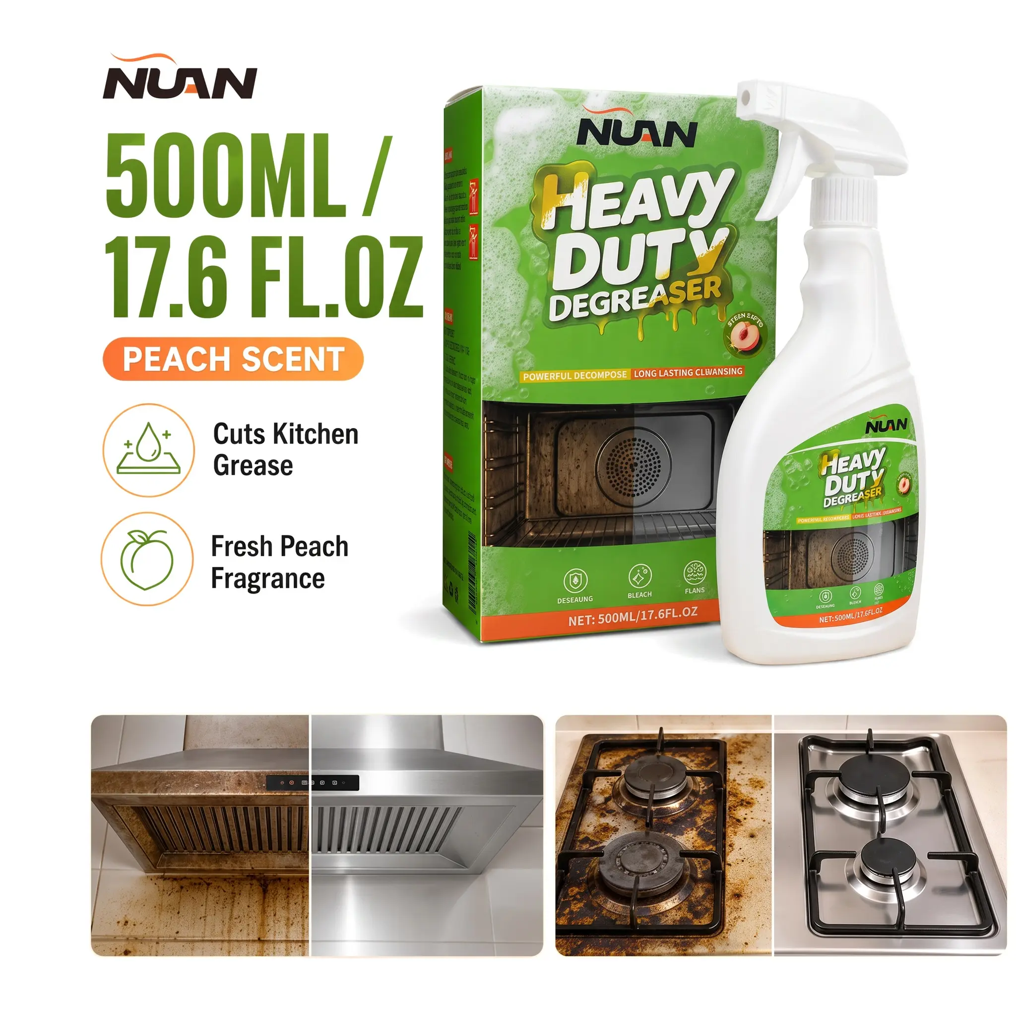 NUAN Heavy Duty Degreaser | Kitchen Grease Cleaner Spray for Stove Tops, Range Hoods & Camping. Removes Grease Stains Fast. Home & Dorm Essentials.