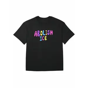 T - shirt with "ABOLISH ICE" colorful, playful lettering, a bold political - statement tee, ideal for immigration - reform advocates, featuring a vibrant, eye - catching message