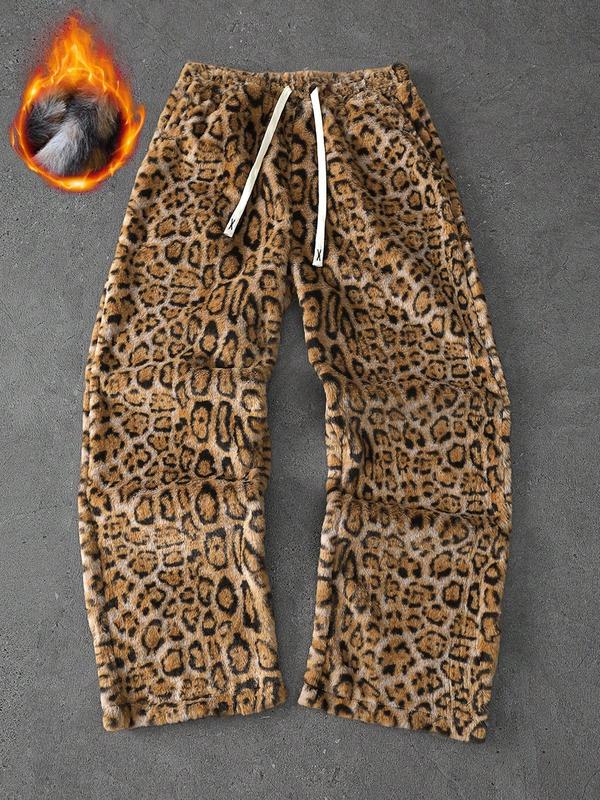 Unisex Leopard Camo Fleece Wide Leg Pants, Soft Rabbit Fur Fabric, Fall & Winter Warm Comfort, Street Hip Hop Style, Daily Wear