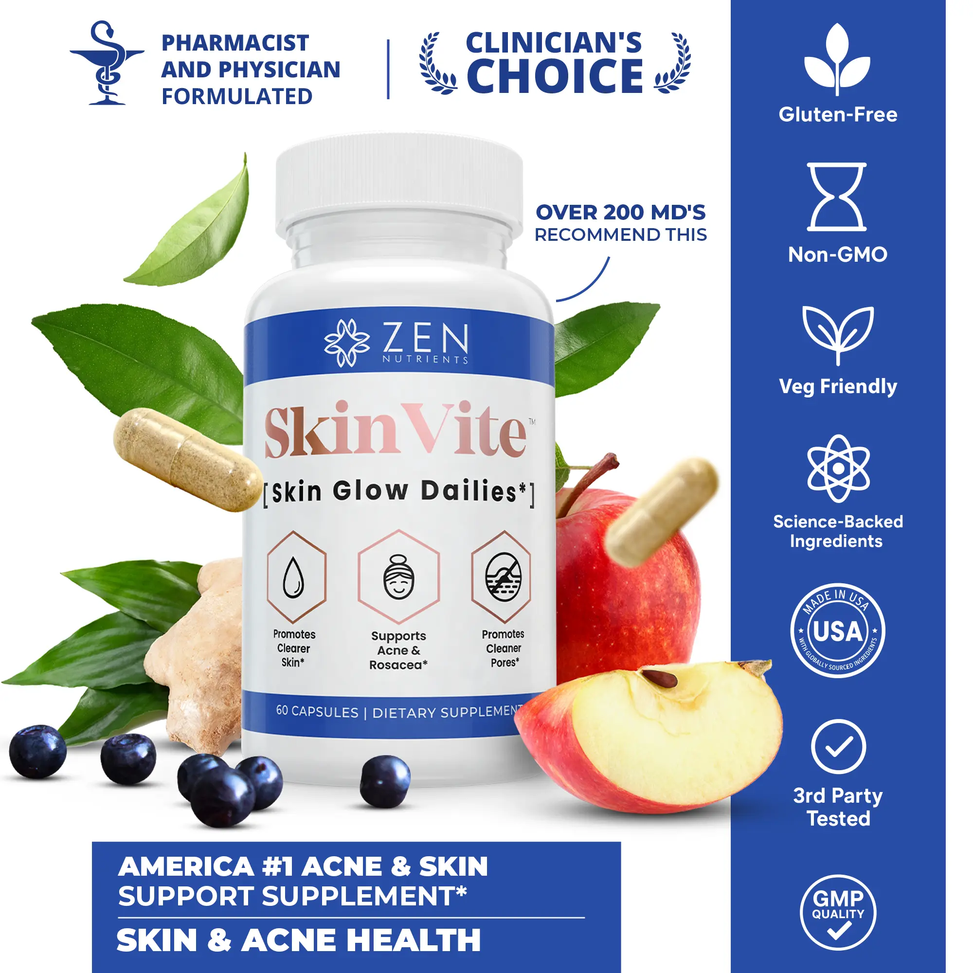 SkinVite® Acne, Eczema, Psoriasis, & Rosacea Treatment for Face - Clear Skin Probiotics & Hormonal Acne Supplements Skincare