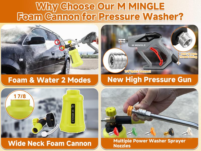 M MINGLE Pressure Washer Snow Foam Lance 1L 4000 PSI MAX 1/4" Quick Connector Adjustable Spray Nozzle for Car Wash, Motorcycle Detailing