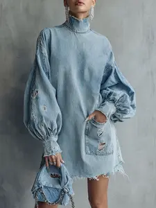 Women Contoure Distressed Denim Mini Dress – Oversized High Neck Style Argie Noir