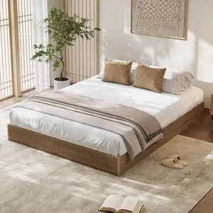 Wood Bed Frame, Wooden Platform Bed with Fluted Design, King Bed Frame with Study Support, Easy Assembly, No Box Spring Needed, Noise Free, Walnut