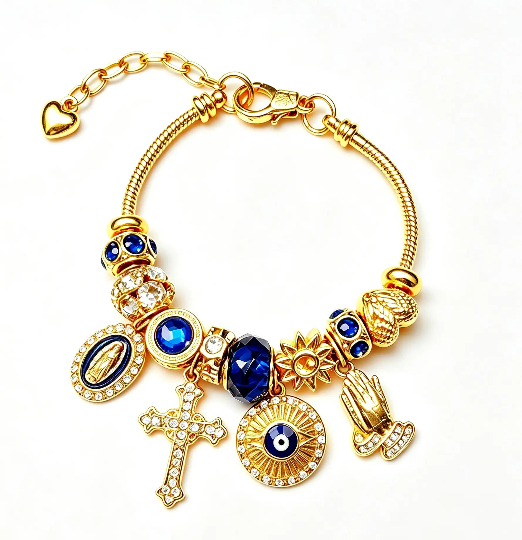 Gold Plated Evil Eye Charm Bracelet for Women, Adjustable Snake Chain Beaded Bracelet with Cross, Praying Hands & Virgin Mary Pendants, Fashion Religious Jewelry Gift