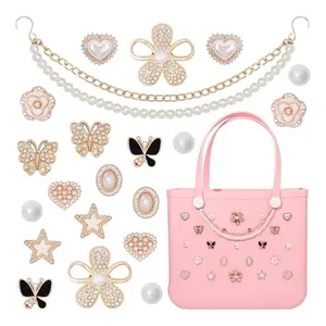 Butterfly and floral bag charms with black gold details and pearl chain, compatible with Simply Southern rubber beach totes, 21-piece gift set.