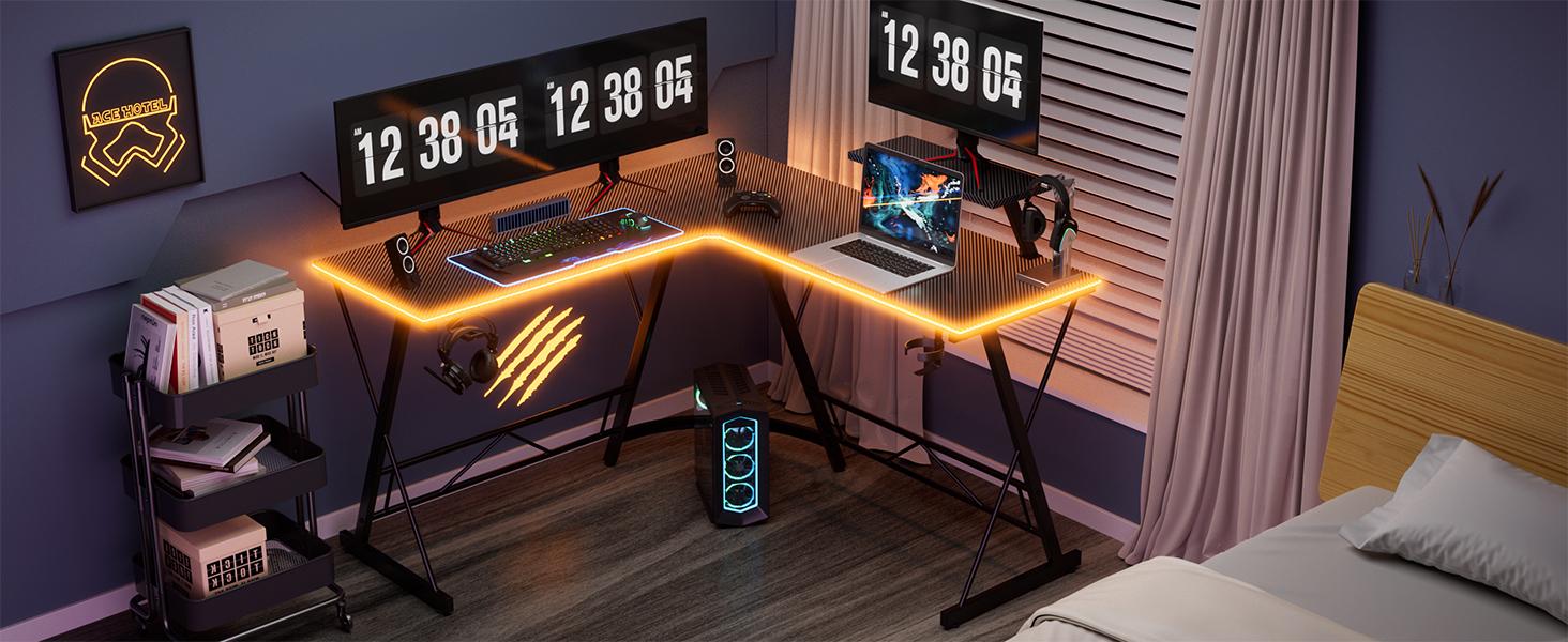Mr IRONSTONE L Shaped Gaming Desk, Corner Computer Desk with Carbon Fiber Surface,L shaped desk, Home Office Desks Writing Workstation with Large Monitor Stand, Easy to Assemble 51 Inch,FathersDayGift