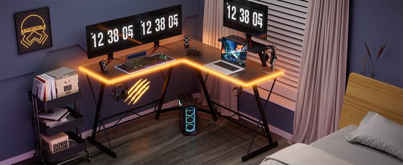 Mr IRONSTONE L Shaped Gaming Desk, Corner Computer Desk with Carbon Fiber Surface,L shaped desk, Home Office Desks Writing Workstation with Large Monitor Stand, Easy to Assemble 51 Inch,FathersDayGift
