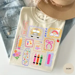 Comfort Colors Trendy Teacher Shirt, Colorful Doodle Back To School Shirt, Preppy Coquette School T-shirt, Girly Pink Bow Tee, Teacher Gifts women back to schools shirt Cotton Fabric, Gift For Her
