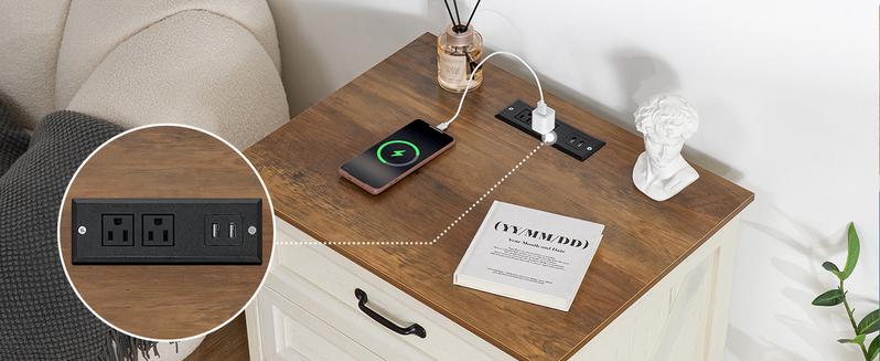 HOMMPA 24'' Farmhouse Nightstand with Charging Station, Bedside Tables with Storage, Side Table with USB Port, 3 Drawers End Table Dresser, Wood Night Stand for Bedroom, Living Room, Rustic White