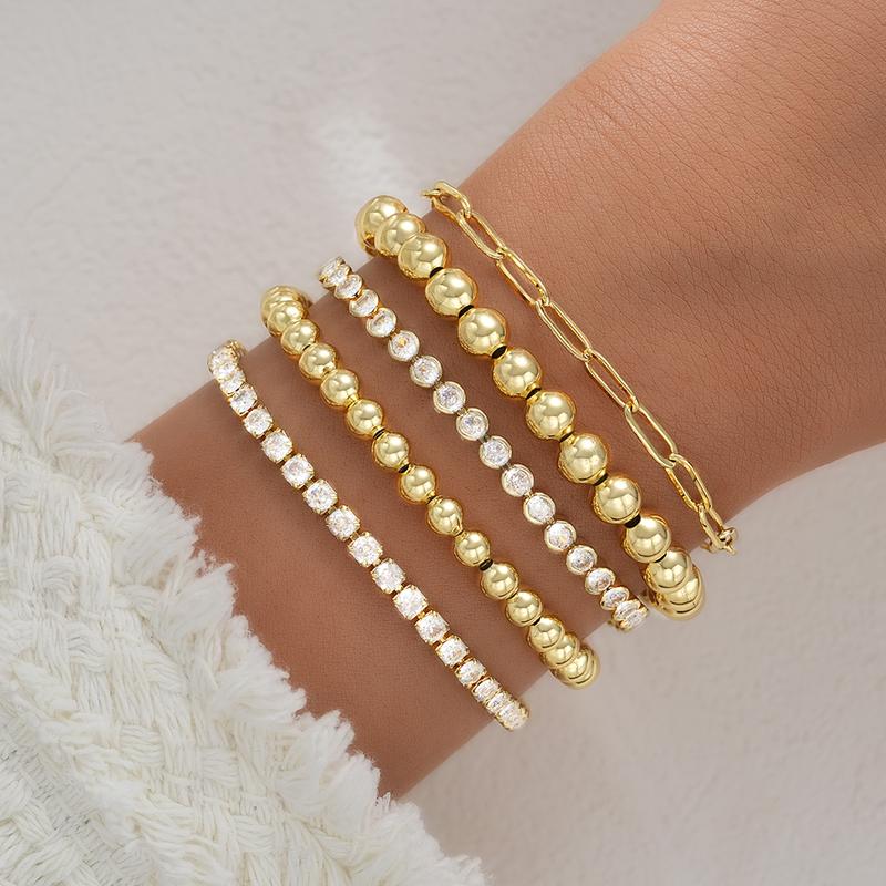 17KM 5PCS 16K Gold Plated Women's Bracelet Set with Sparkling Zircons Trendy Stackable Beaded & Chain Bracelets Non-Tarnish Jewelry for Gifts