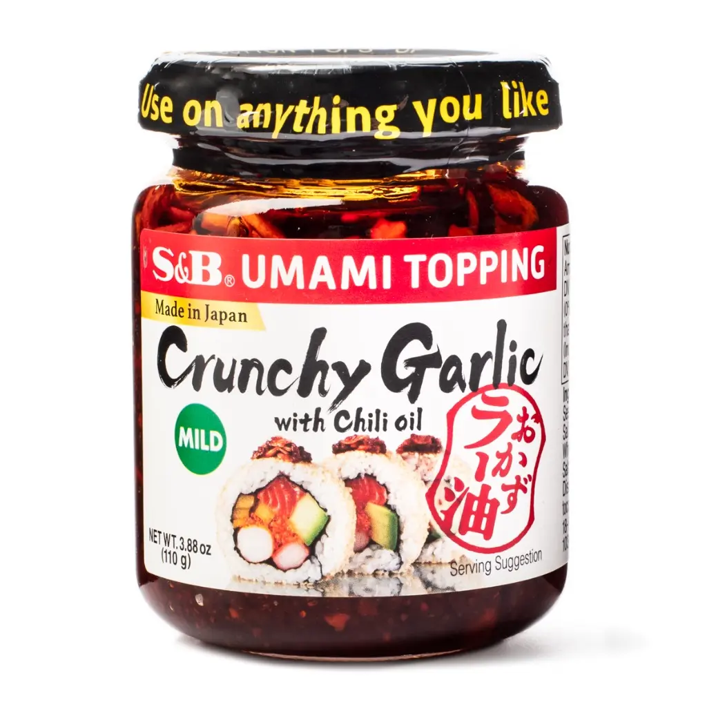 S&B Crunchy Garlic Umami Food Topping with Chili Oil - Garlic Bits, Mild-Spicy Flavor, 3.88 oz Ambient Japanese-Made Savory Sauce for Ramen, Sushi