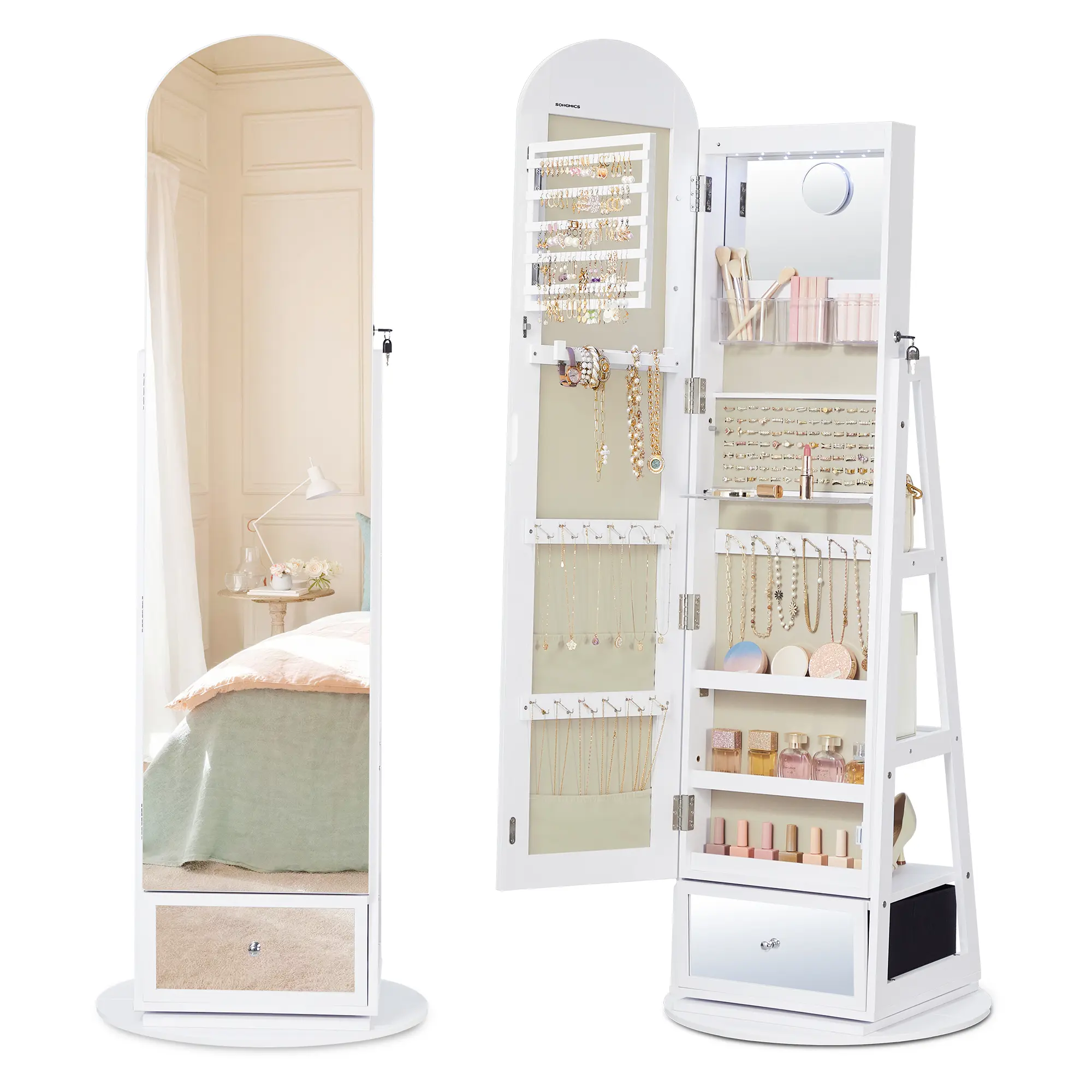 SONGMICS 360° Swivel Jewelry Cabinet, Full-Length Arched Mirror with LED Lights, Magnifying Mirror, Storage Shelves, Drawer, Beauty Routine, 360° Rotation Jewelry Boxes & Organizers, Compartment Design Jewelry Boxes & Organizers, Multifunction Jewelry Box