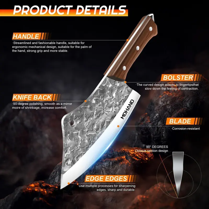 Knife blade, wooden handle, bolster and cutting edge details