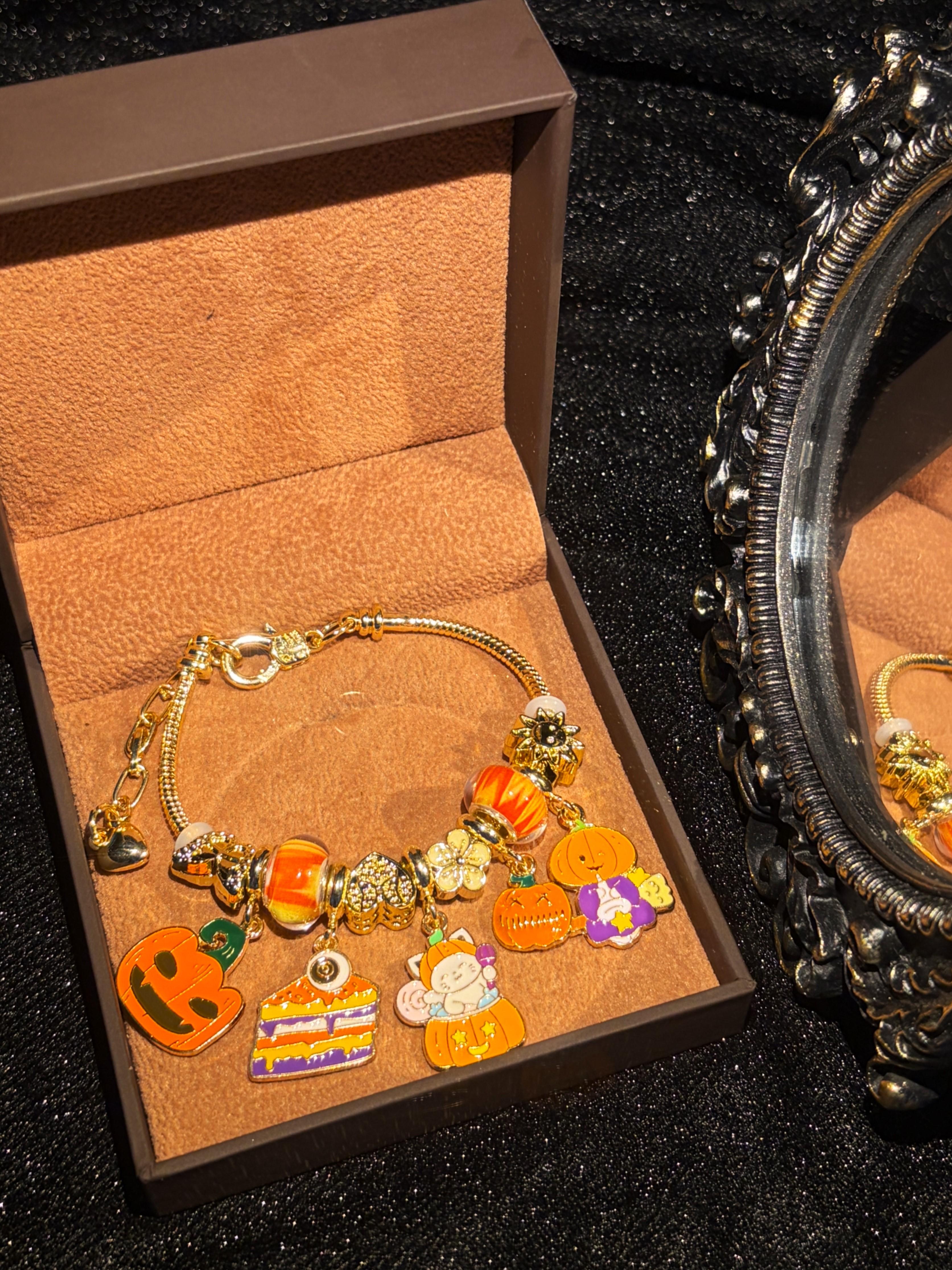 Halloween Themed Charm Bracelet, Gold-Tone Chain with Pumpkin, Kitten, Cake Enamel Charms, Festive Holiday Costume Jewelry Gift for Women