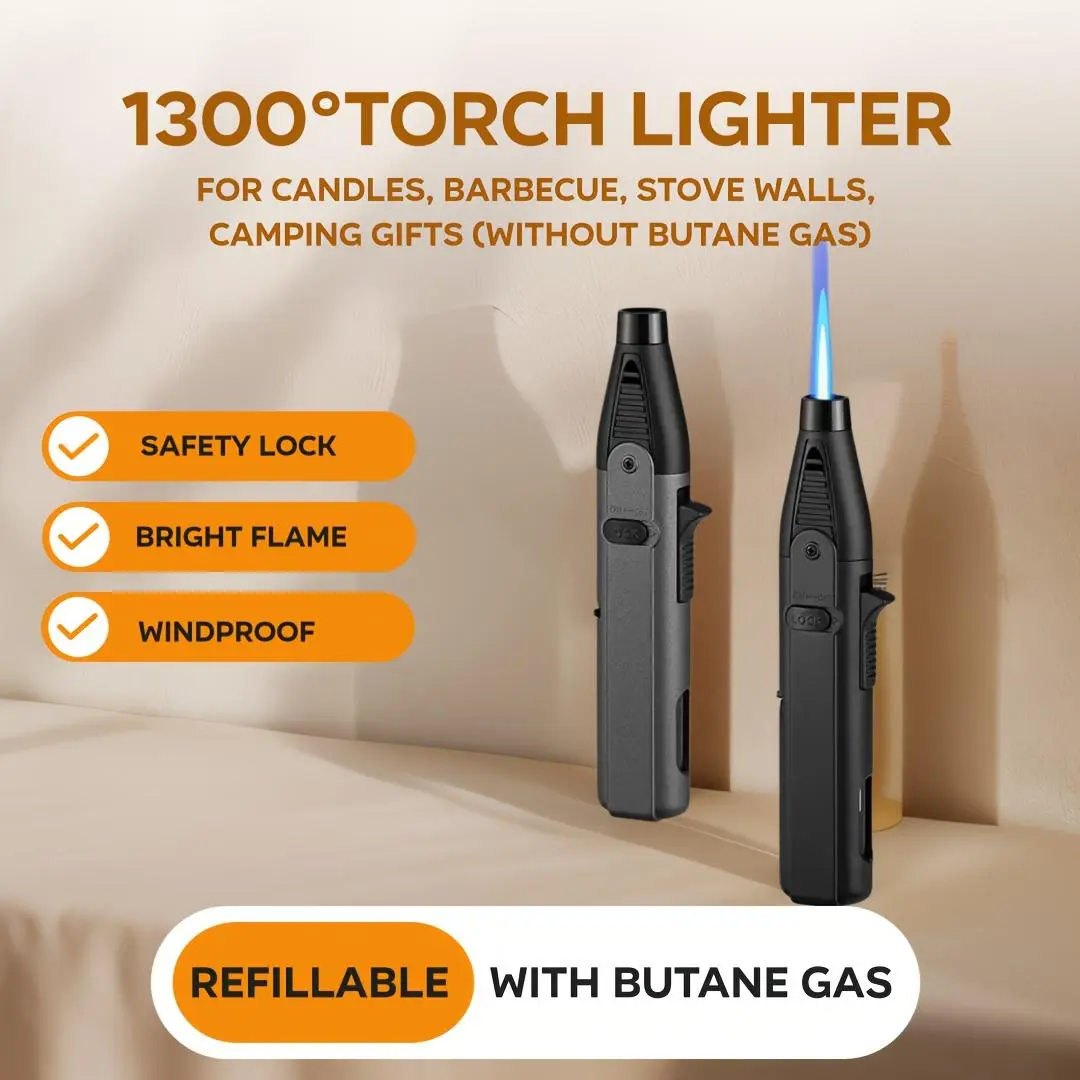 1300° Blue Flame Torch Lighter with Safety Lock - Windproof Refillable Butane Lighter for Hiking, Outdoor Activities, Barbecues, Gift Box Packaged, Battery-Free (Car Interior Accessories Decoration), Hiking / Light Outdoor