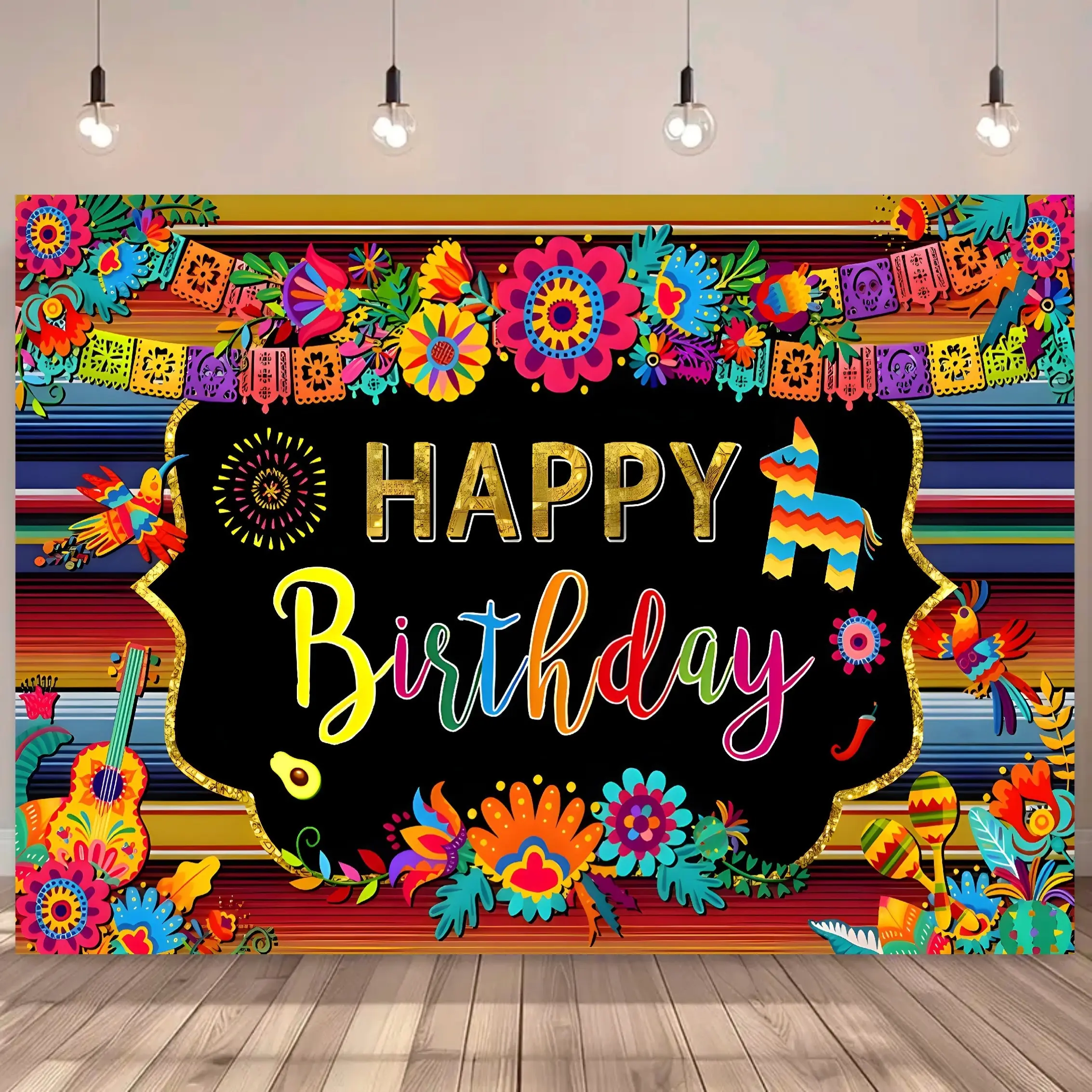 Mexican Fiesta Decorative Banner, Colorful Floral Polyester Festive Photo Backdrop (1pc, 5x3ft/5x7ft) with Letters, Figure & Floral Fiesta Look for Birthday Cake Table, Anniversary Party Supplies