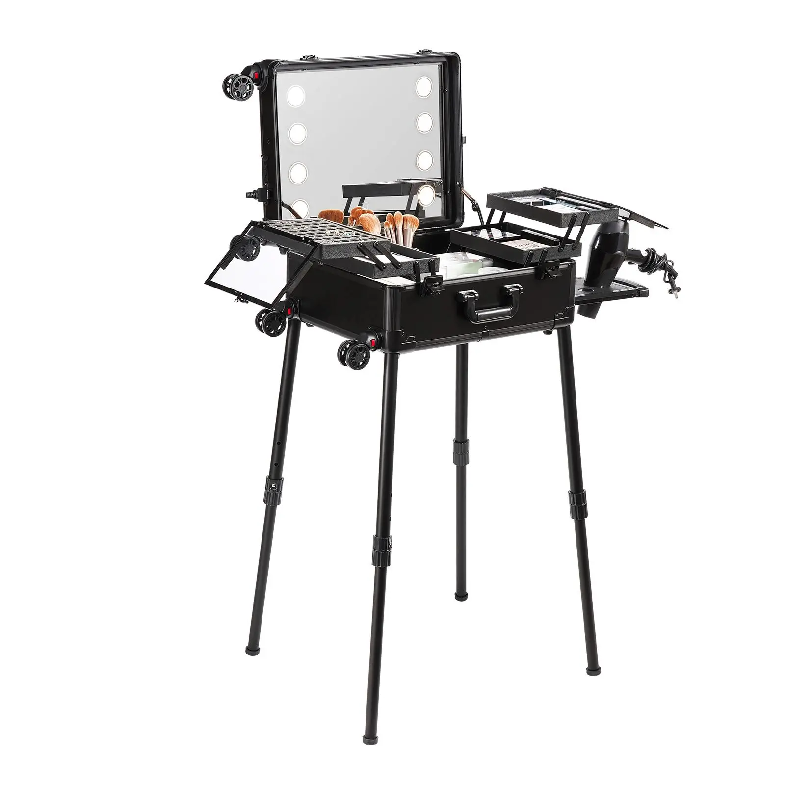 【SummerFinds】VEVOR Makeup Train Case with Lock,  , Lighted Mirror, 4 Storage Trays, Brush Holder, Speaker Travel Cosmetic Organizer Box w/ Swivel Wheels, Professional Artist Trolley Studio Free Standing Case