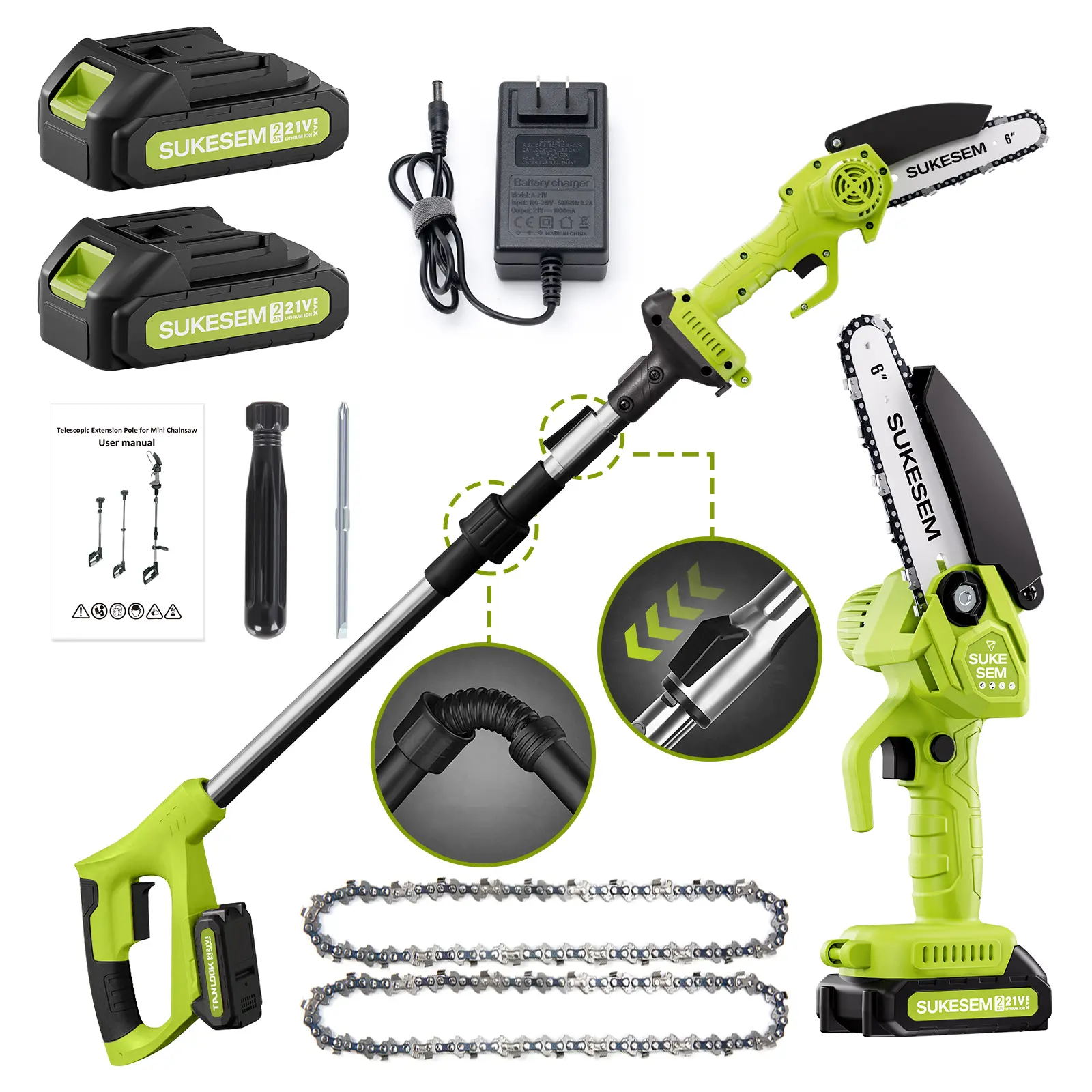 6 In Cordless Brushless Electric 2-in-1 Pole Saw Power Tool, Lightweight Portable Mini Chainsaw with Telescopic Extension Pole, 1 x 2000mAh Battery for Tree Branch Pruning (Tools Category), Power Tools, 6-Inch 2-In-1 Chainsaw (1 X 2000Mah Battery)