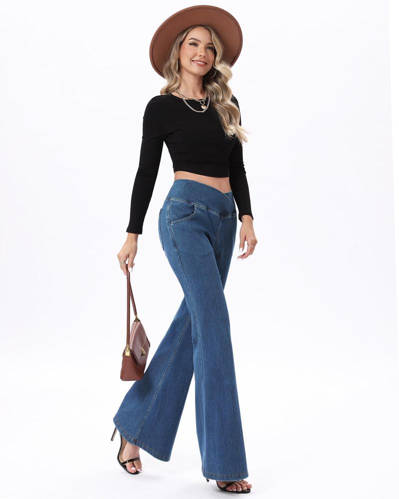 Bell Bottom Jeans for Women High Waisted Stretchy Flare Jeans Pull On Wide Leg Jean Woman V Cross Flare Leggings Pants