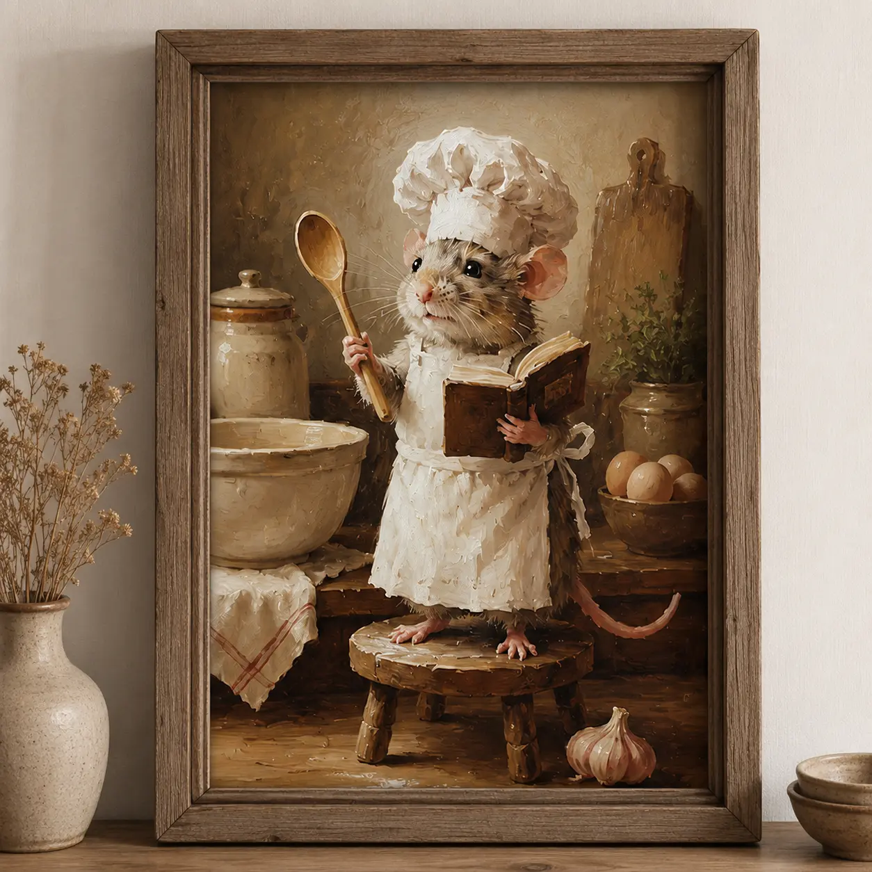 Vintage Mouse Chef Kitchen Wall Print - Artistic Animal Wood Artwork, Cottagecore Farmhouse Room Home Decor, Ideal Gift for Home Decor Enthusiasts