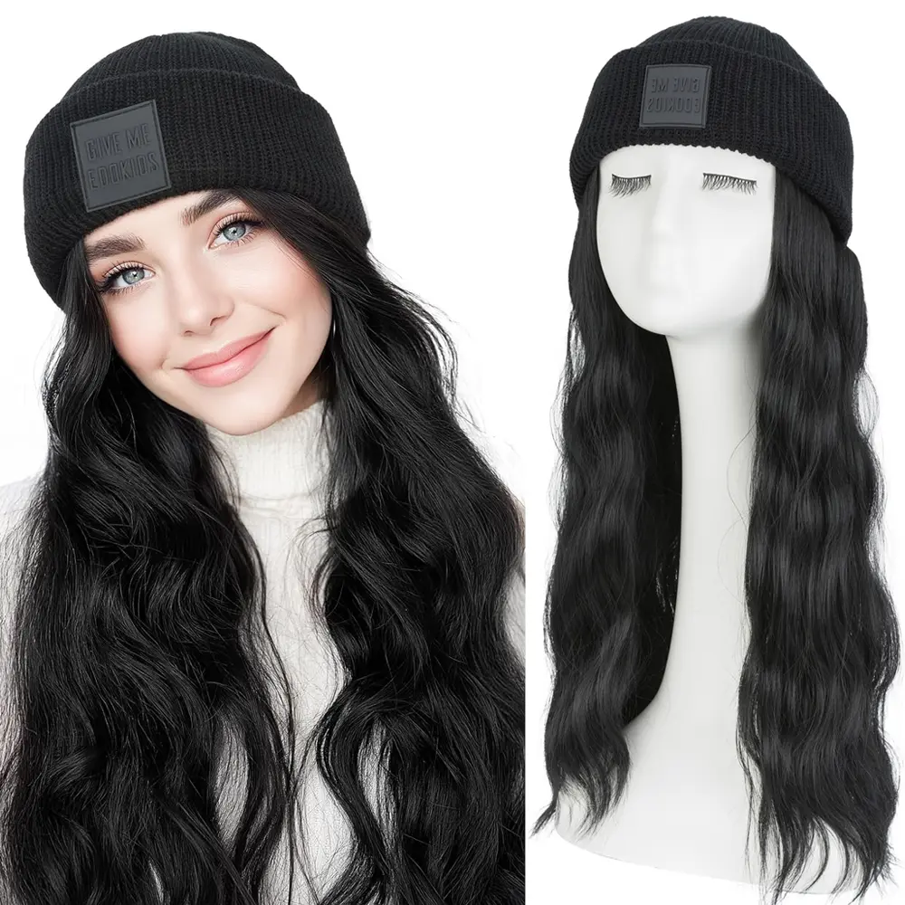 Women's Synthetic Beanie Hat with 11-Inch Straight Hair Extensions, Quick Change Attached Wig Hairpiece, Winter Warm Knitted Cap for Enhancement & Style Changes, 1 Size, #01 Black-18in/#01-11in, Black/Brown/Ash Blonde Christmas Gift