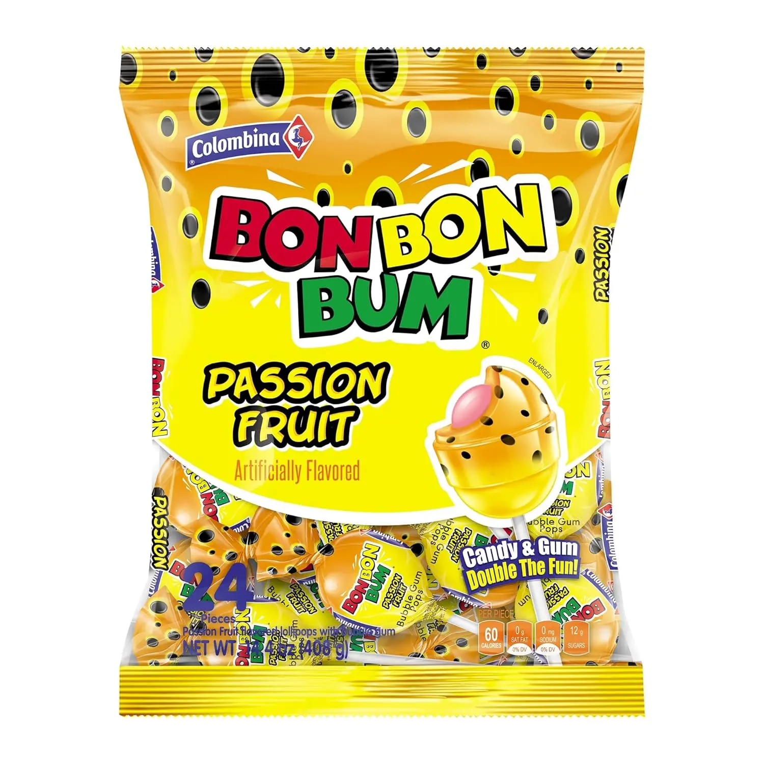 Bon Bon Bum Lollipops Tropical Passion Fruit Flavor, 24 Count (Pack of1)