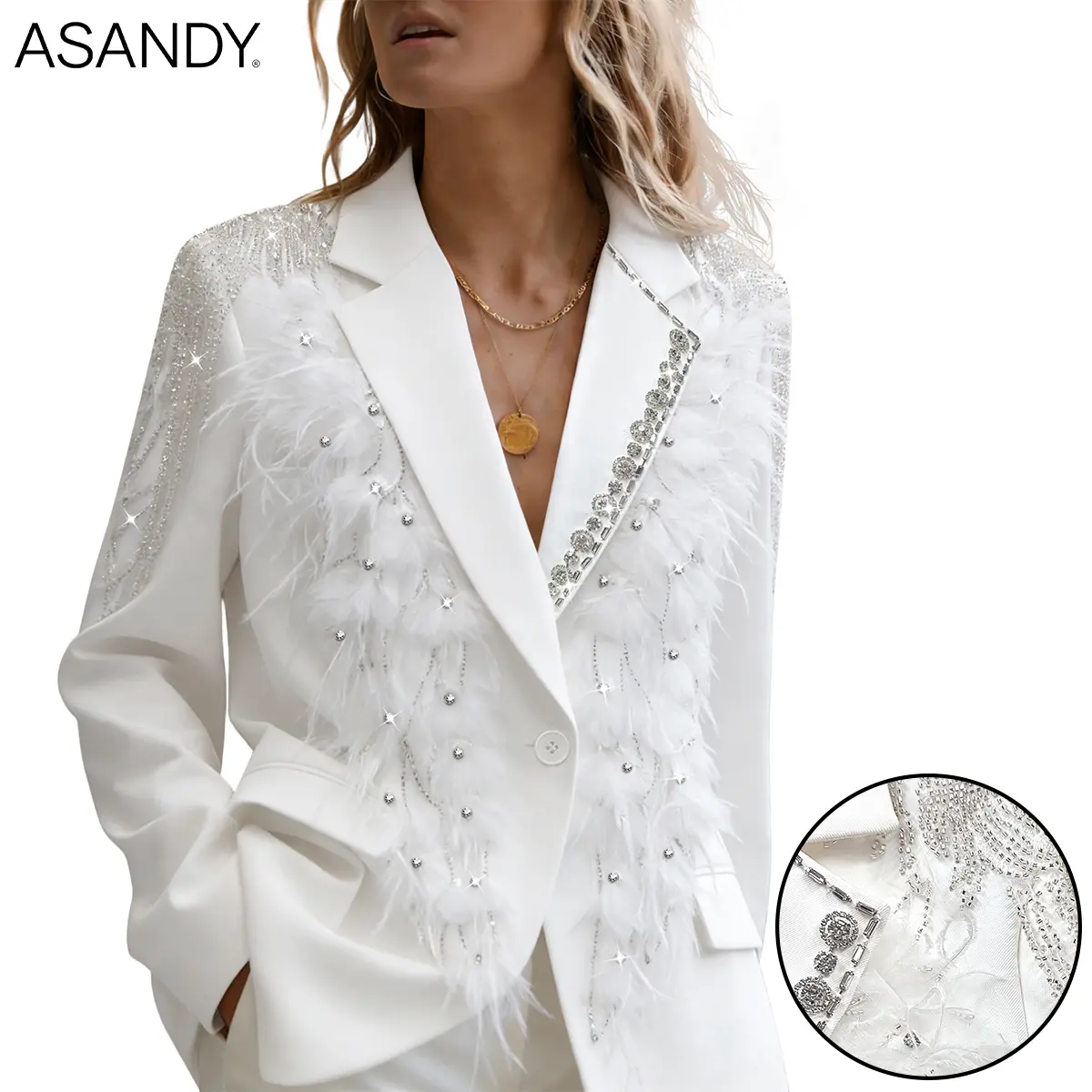ASANDY Women's Chic Oversized Long-Sleeve Polyester Fashion Blazer - Elegant Wedding Suit with Soft Feathers, Draping Crystal Chains, Buttons for Party Outfits (Women's Suits & Sets)