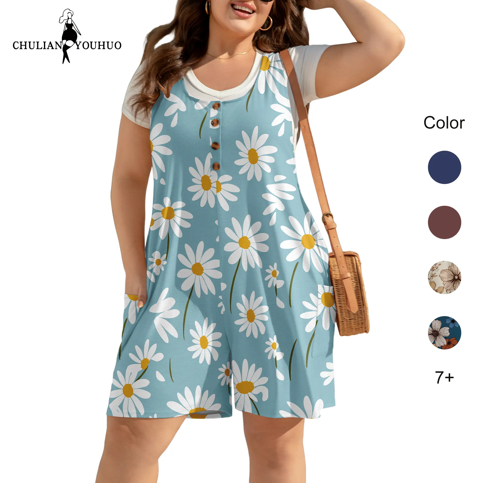 Chulianyouhuo Women's Plus Size Boho Sleeveless Racerback Jumpsuit - Casual Loose Fit Breathable Polyester-Rayon Garment with Button Front, Pockets, Shorts, Necklace