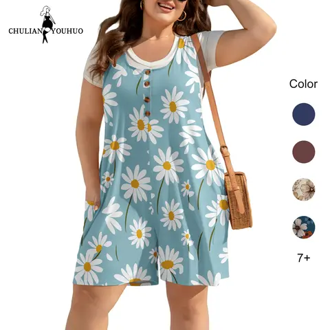 Chulianyouhuo Women's Plus Size (1XL,2XL,3XL) Boho Square Neck Sleeveless Racerback Jumpsuit - Casual Loose Fit Breathable Polyester-Rayon Fabric Garment with Button Front, Pockets, Shorts, Necklace
