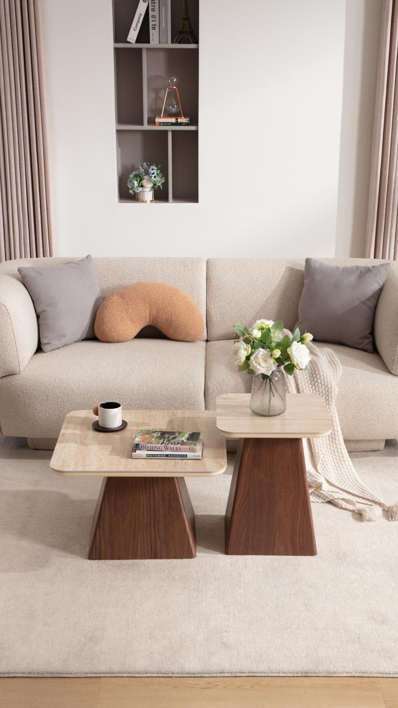 DAYALANE[Valentine's Day] Modern Miller Nesting Coffee Table Set Travertine or Cultured Marble Top with Walnut Base, Mid-Century Nesting Side Tables for Living Room