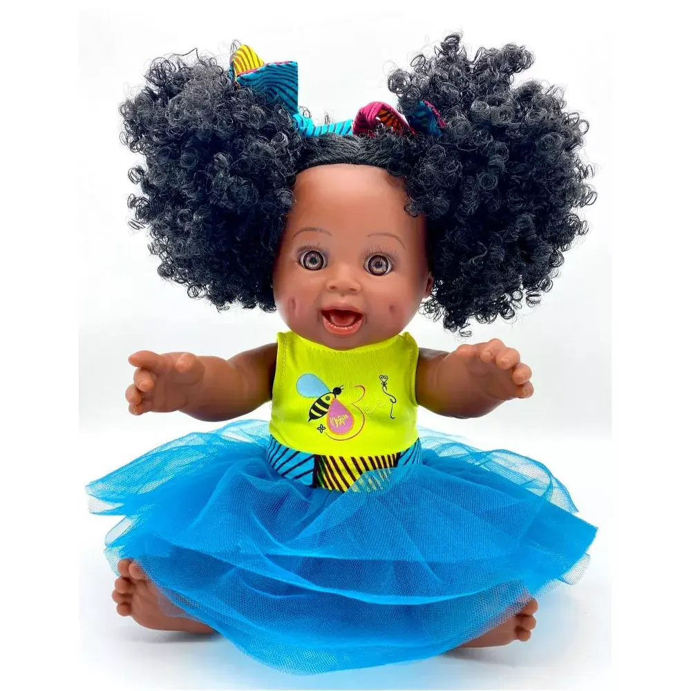 Orijin Bees 12" Soft Vinyl Baby Bee Dress Up Doll - Black Curly Hair, Black Doll Face, Brown Eyes, Blue Tutu Dress, Hair Accessory