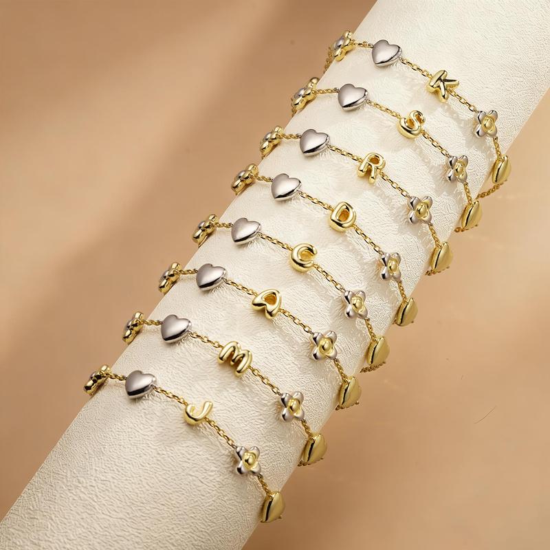 Turandoss Initial Bracelet for Women – 14K Gold Plated Alphabet Charm Bracelet with Heart & Flower, Adjustable Trendy Jewelry Gift