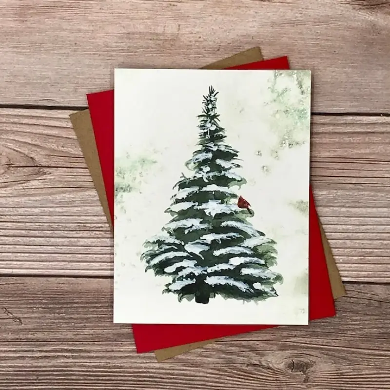 1PC Evergreen Christmas Tree and Cardinals Card - Blank Holiday Christmas Winter Forest Memo Card (including envelope)