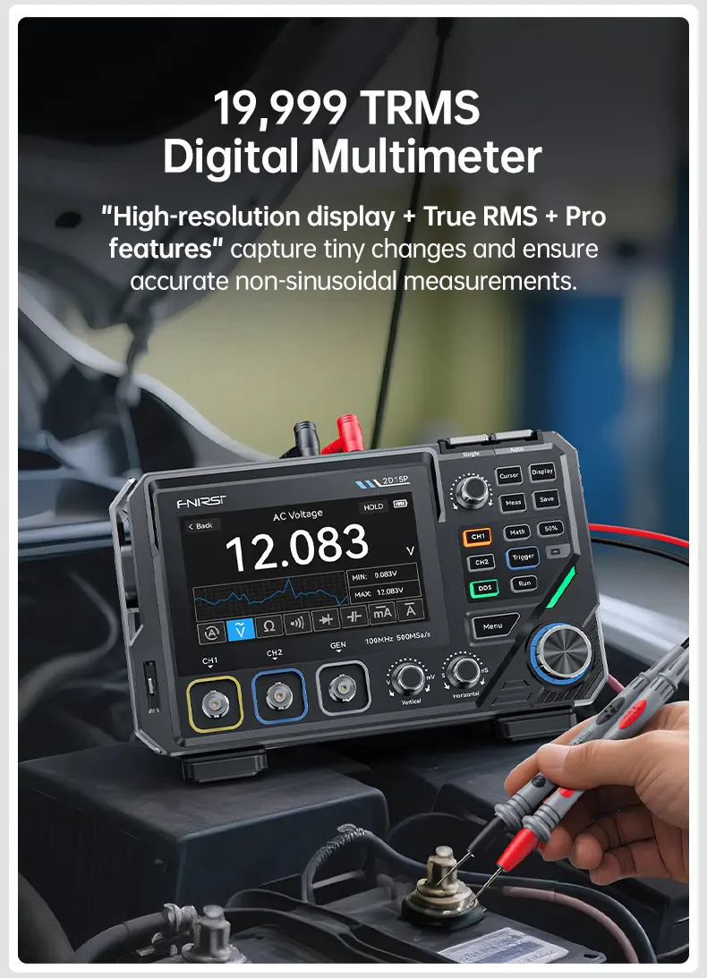 FNIRSI 2D15P Handheld Oscilloscope Multimeter - 3-in-1 Digital 2CH Automotive Tool with 100MHz Bandwidth, 500MS/s Sampling, 19,999 TRMS Counts, 10MHz DDS Signal Generator, 4.3 Touch Screen, 128-Level Grayscale Display, 6 Math Operations, Built-in Cells