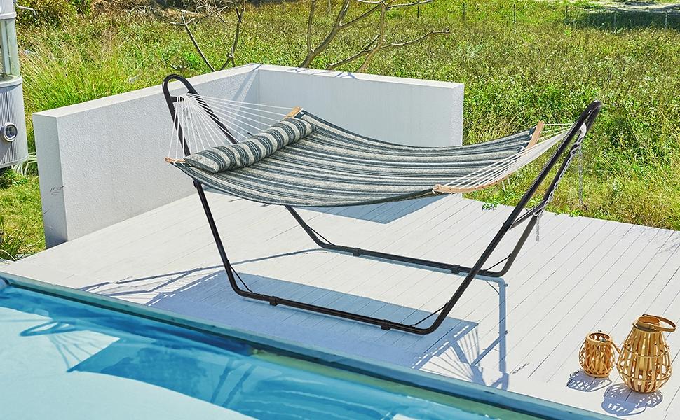 【2-3 People, Double Stand】Yaheetech Heavy-Duty 55in Hammock with Steel Stand, Padded Hammock for Outdoor Balconies/Porches/Patios/Decks/Backyards, 475LB Capacity 【2-3 People, Double Stand】Yaheetech Heavy-Duty 55in Hammock with Steel Stand, Padded Hammock for Outdoor Balconies/Porches/Patios/Decks/Backyards, 475LB Capacity
