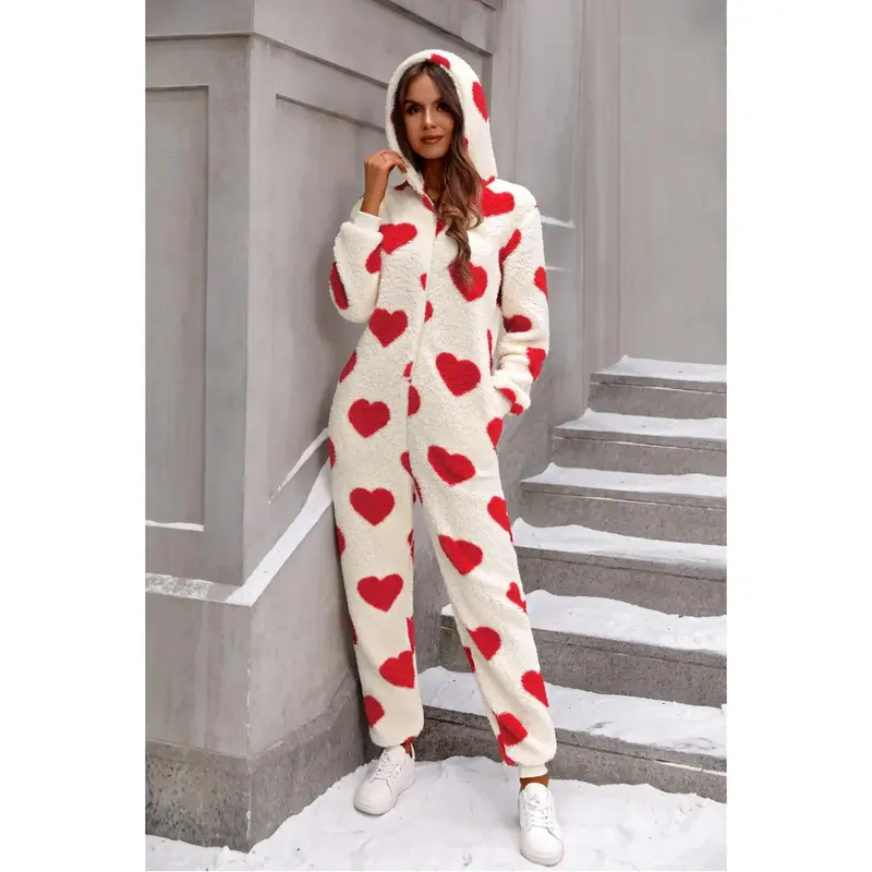 Fuzzy Heart Zip Up Hooded Lounge Jumpsuit