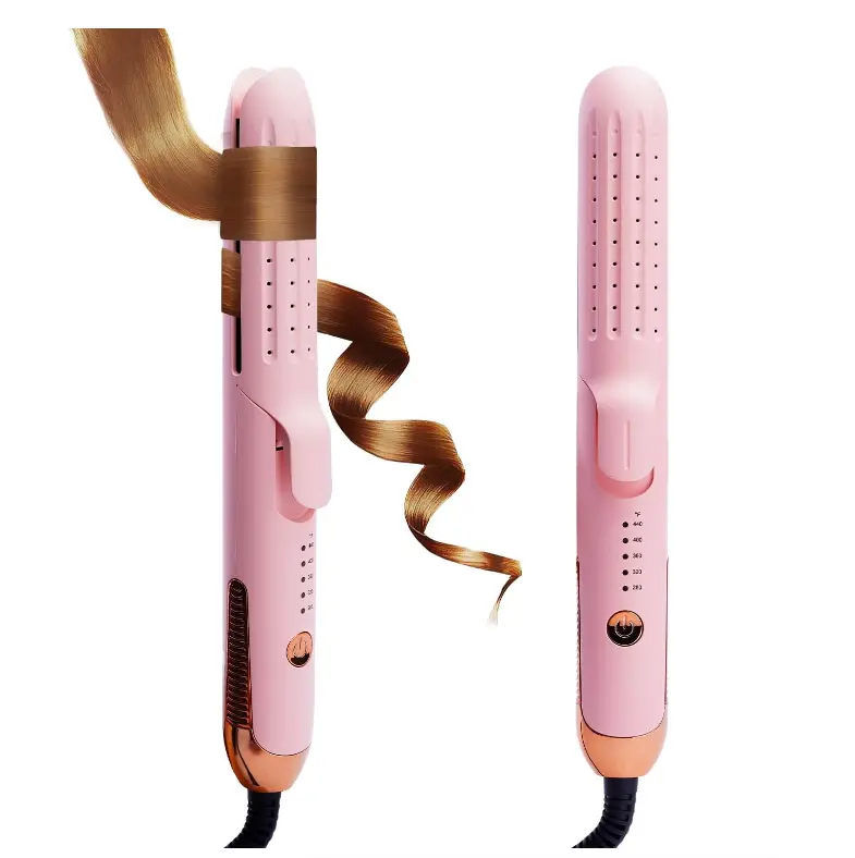 Curling Iron, Hair Straightener and Curler 2 in 1 with 360°Cooling Vents Dual Voltage Adjustable Temp, Rose Pink
