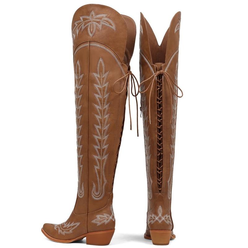 Western Thigh Knee High Cowboy Boots Wide Calf Adjustable Straps Pointed Toe Tall Cowgirl Botas with Zip Retro Embroidered Block Heel