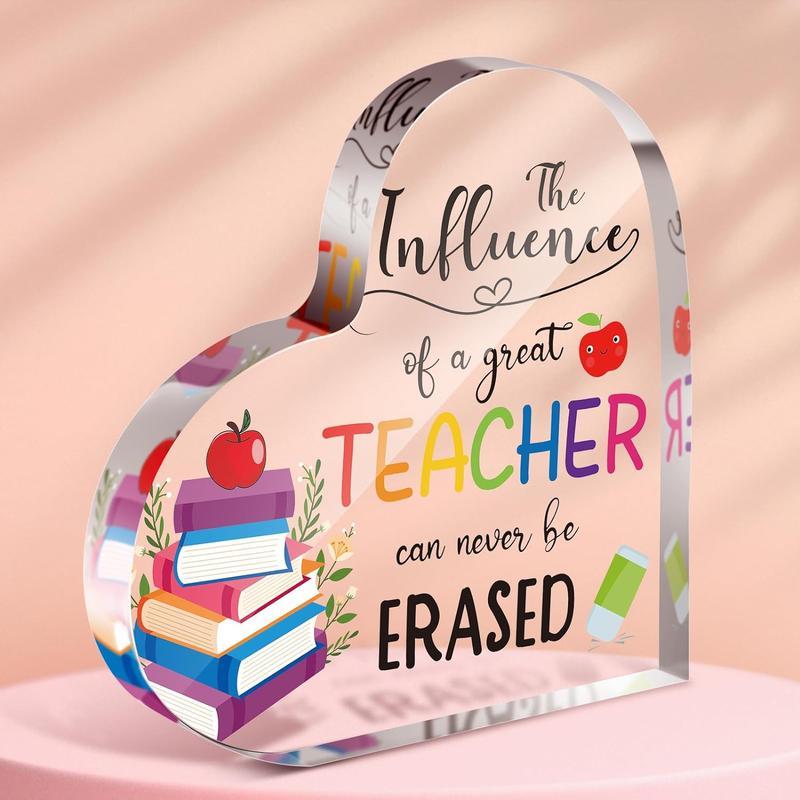 Acrylic Heart Shaped Desktop Ornaments, 1 Count Books & Letter Pattern Acrylic Plaque for Teachers, Office Classroom Desk Souvenirs