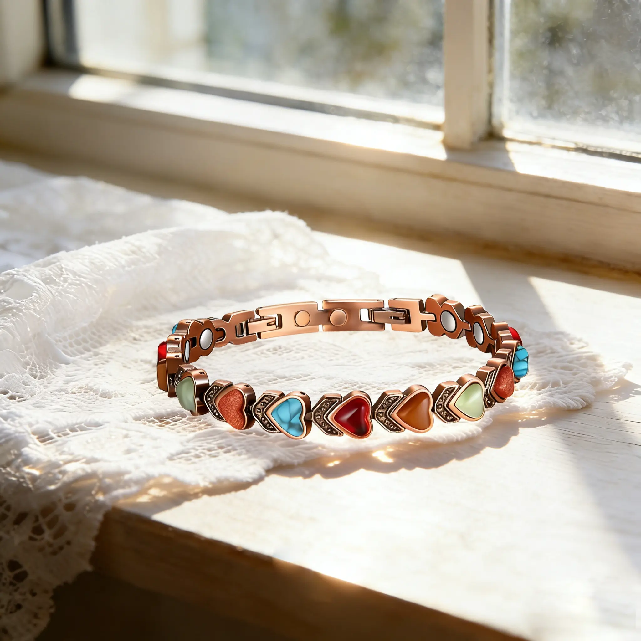 Copper Heart Gemstone Bracelet with natural colorful stones. Supports better sleep, relieves discomfort, boosts energy, and is skin-friendly. A lovely gift for women on any holiday.