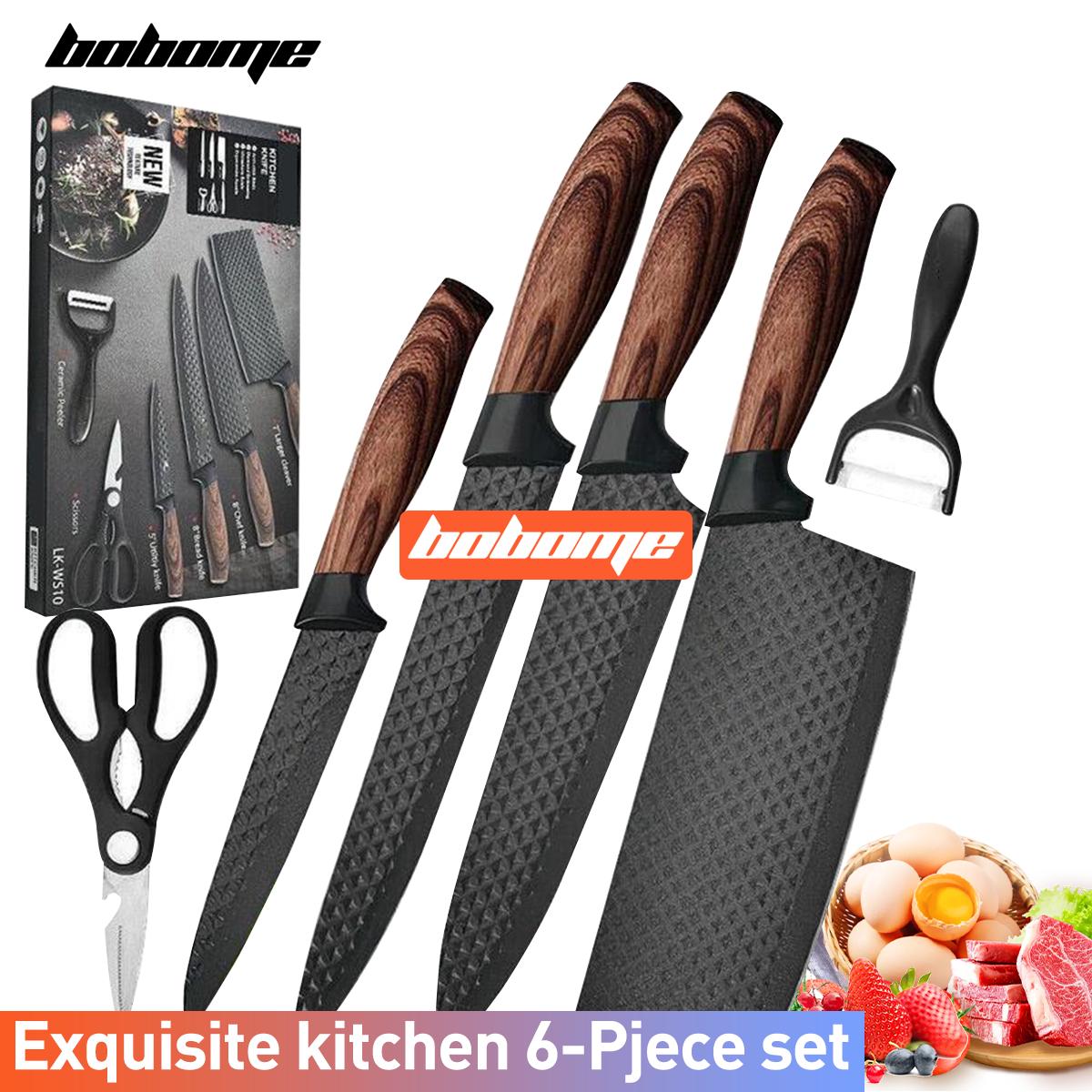 6 Piece Kitchen Knife Set - Stainless Steel Ultra Sharp Chef Knife Set, Anti-Rust Non-stick, Ergonomic Wood Handle - Aesthetic Kitchen Knives,Knife Block Wooden for Kitchen, Perfect Christmas,Thanksgiving Gift