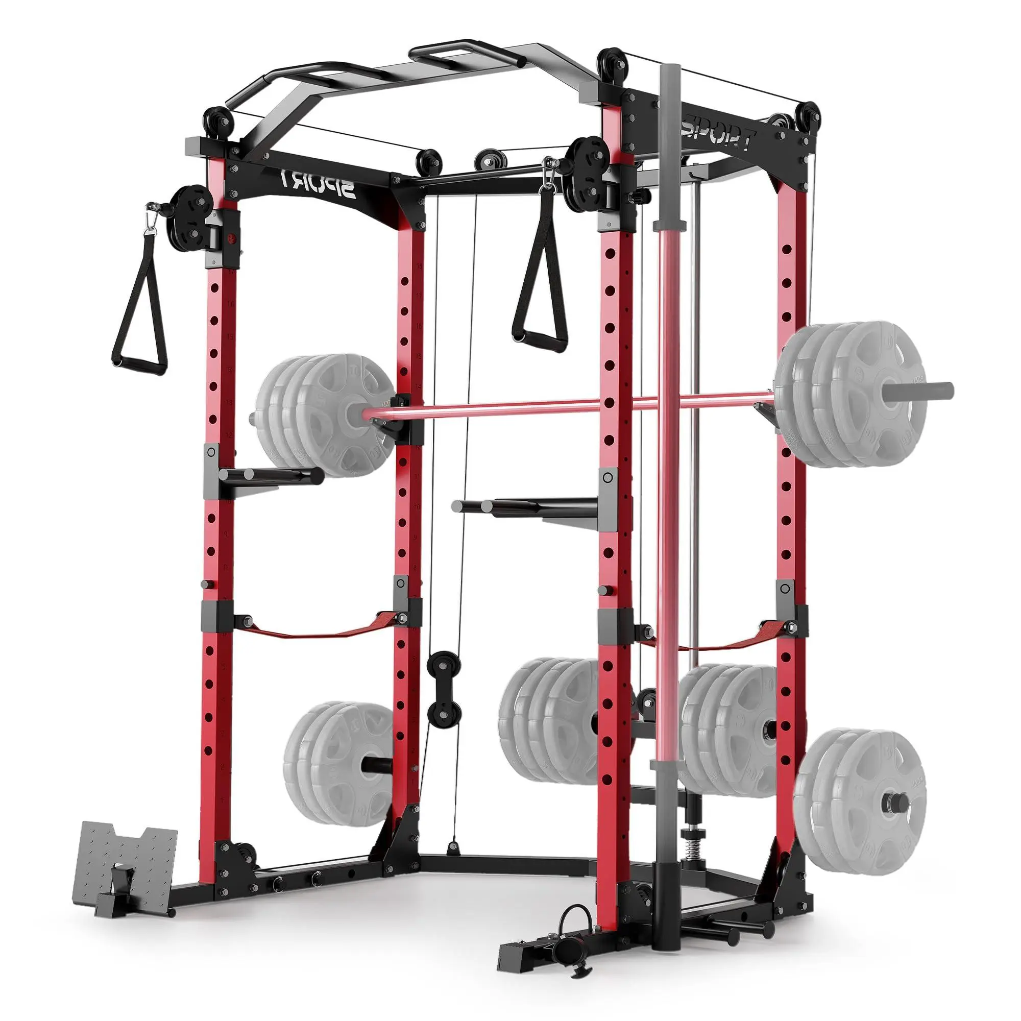 2000 lbs Adjustable Squat Rack Weight Rack - Home Exercise Equipment with Compact Footprint, Pulley System, Lat Pulldown Machine, Bars, 14-16 Adjustable Height Positions & Accessories for Full-Body Strength Training, Red&Black, Multifunctional Home Gym