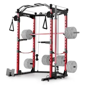 2000LBS Power Cage for Home Gym with Pulley Cable System, Multi-Functional Squat Rack with LAT Pulldown & Attachments for Full-Body Strength Training,Red&Black