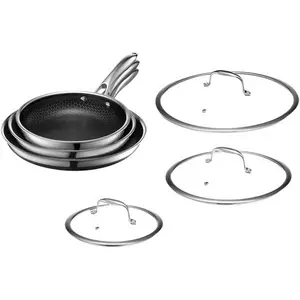 HexClad Hybrid Nonstick 6-Piece Fry Pan Set, 8, 10, and 12-Inch Frying Pans with Tempered Glass Lids, Stay-Cool Handles, Dishwasher-Friendly, Induction Ready, Compatible with All Cooktops